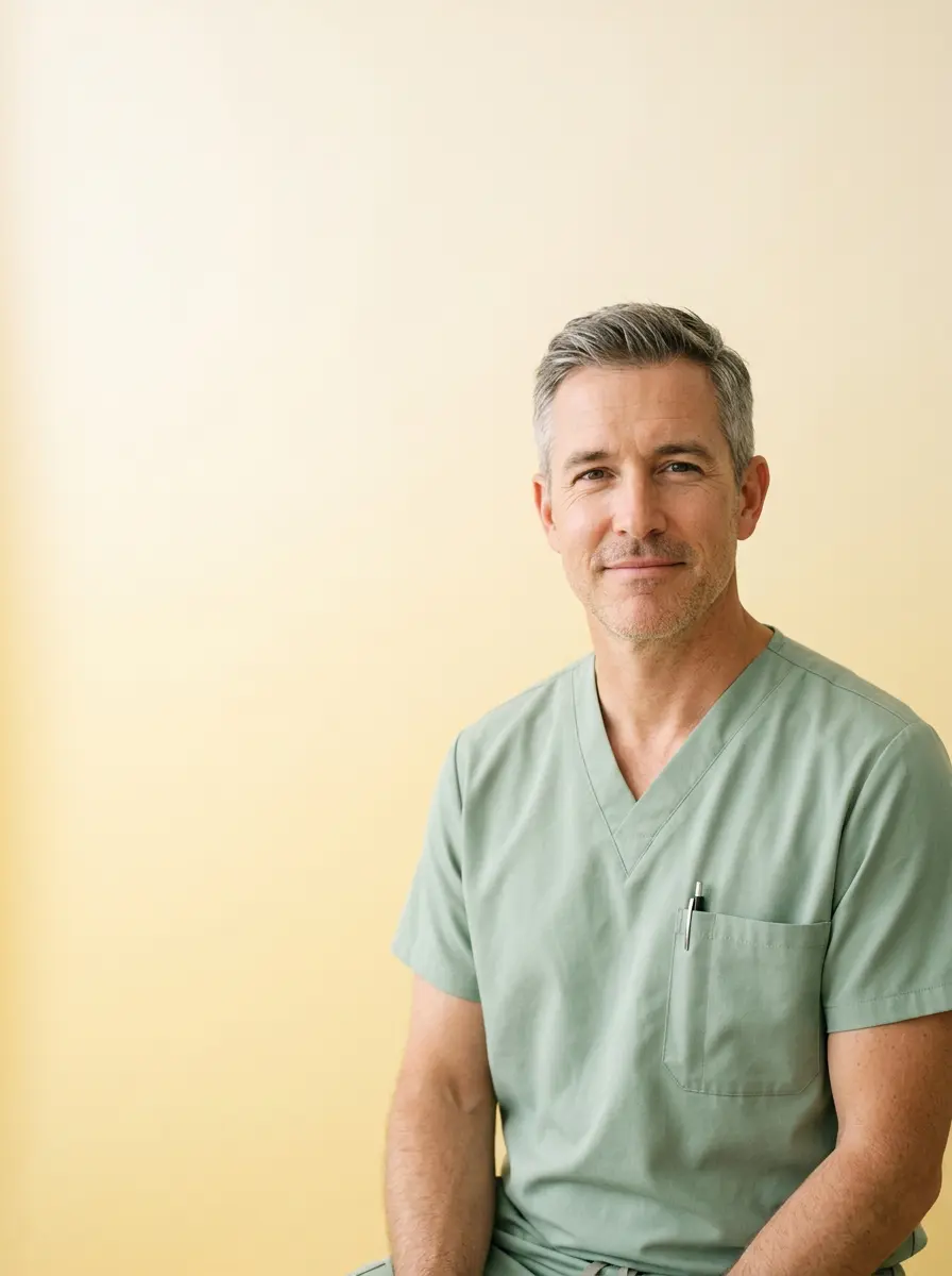 Clinician in sage scrubs