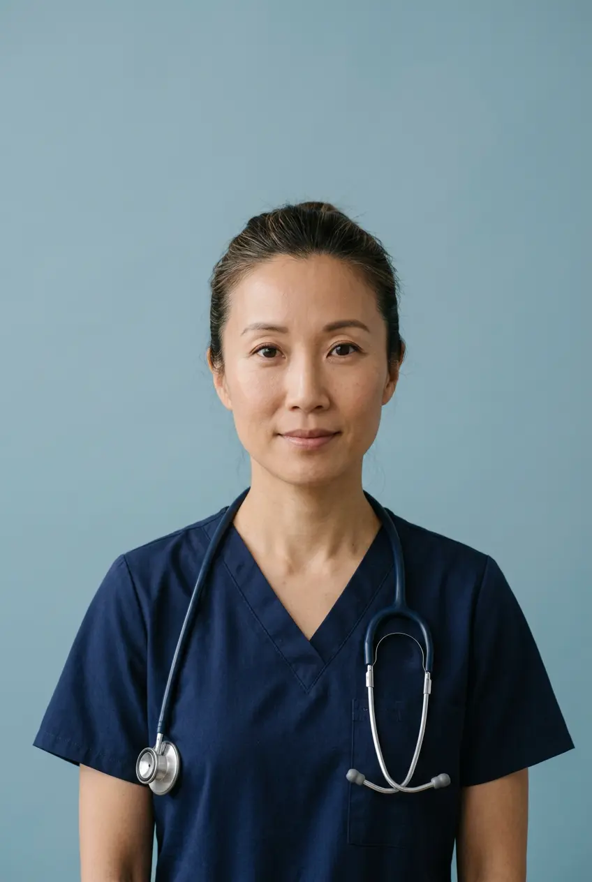 Clinician in navy scrubs with a stethoscope