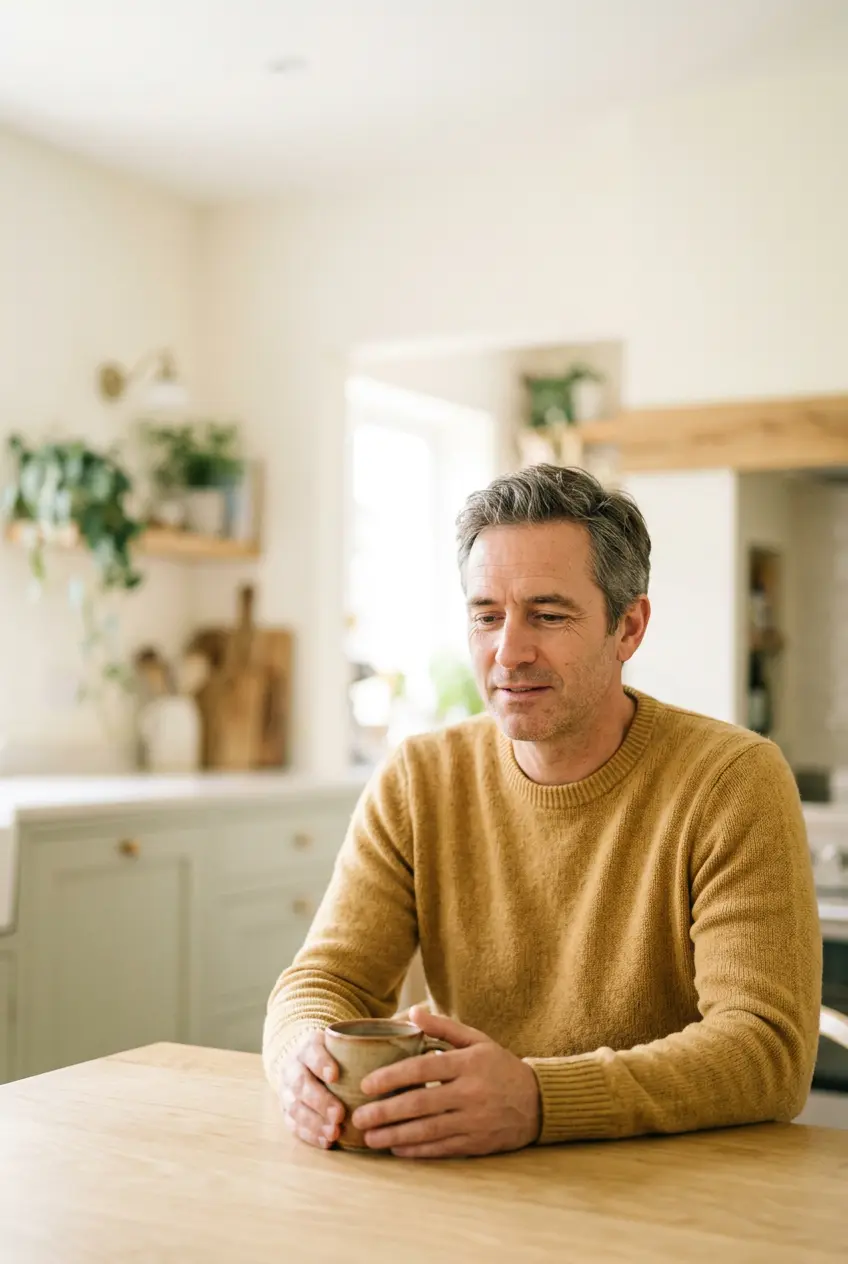 Man in a mustard sweater at his kitchen table