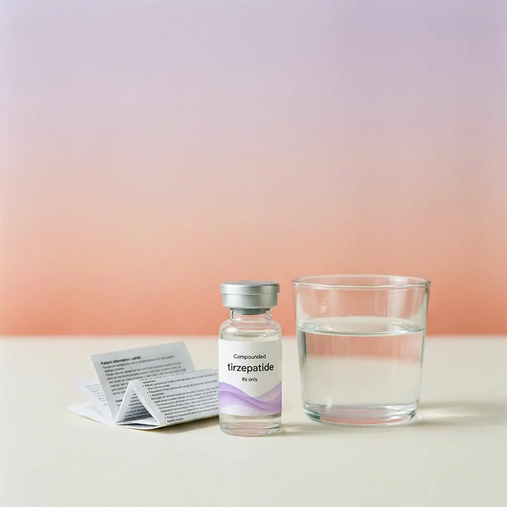 Medication vial next to a leaflet and a glass of water