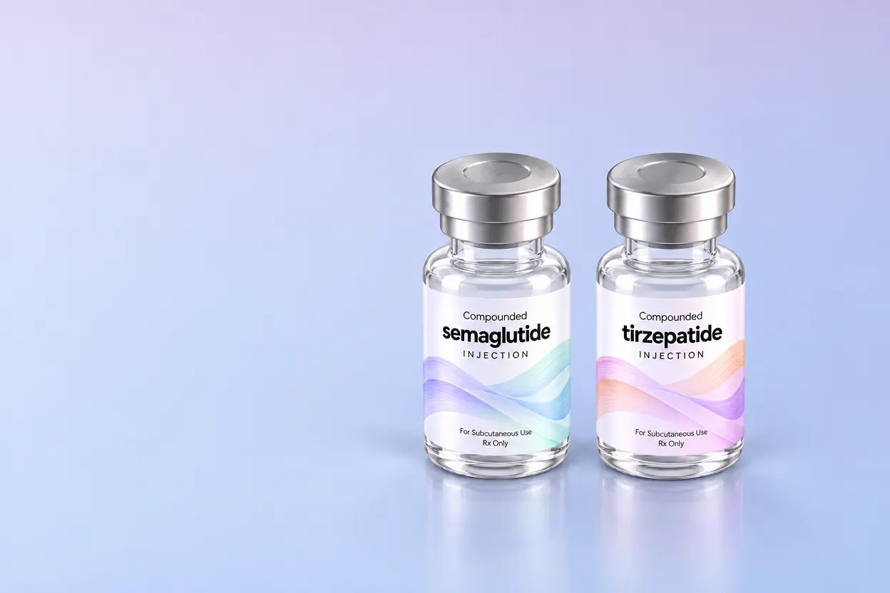 Compounded semaglutide and tirzepatide vials on a periwinkle surface