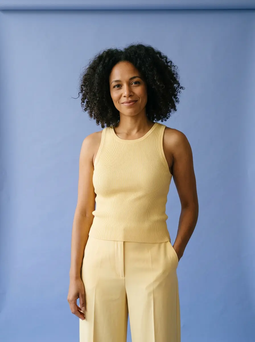 Smiling woman in a butter yellow outfit against a periwinkle backdrop
