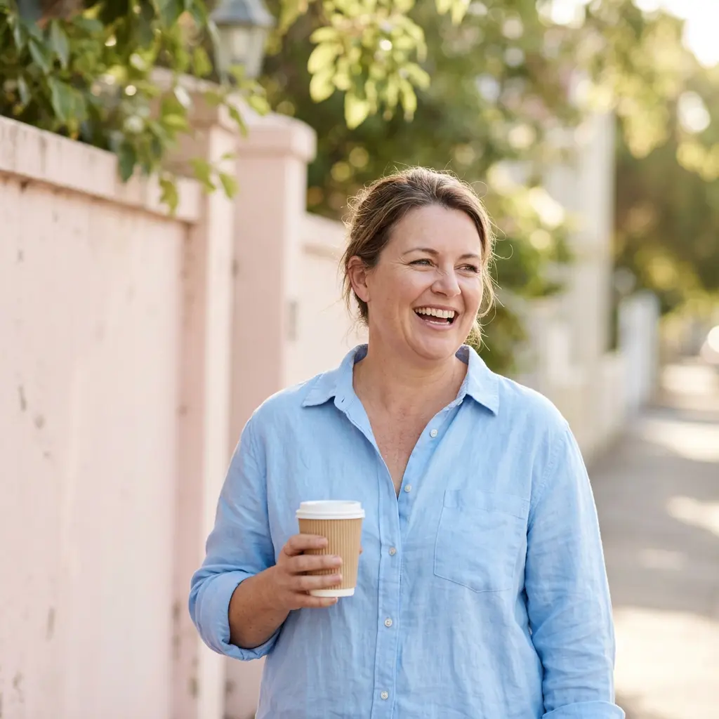 Woman holding a coffee on a sunny street