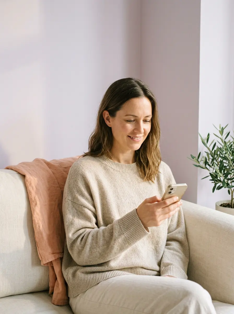 Woman on a couch reading a message on her phone