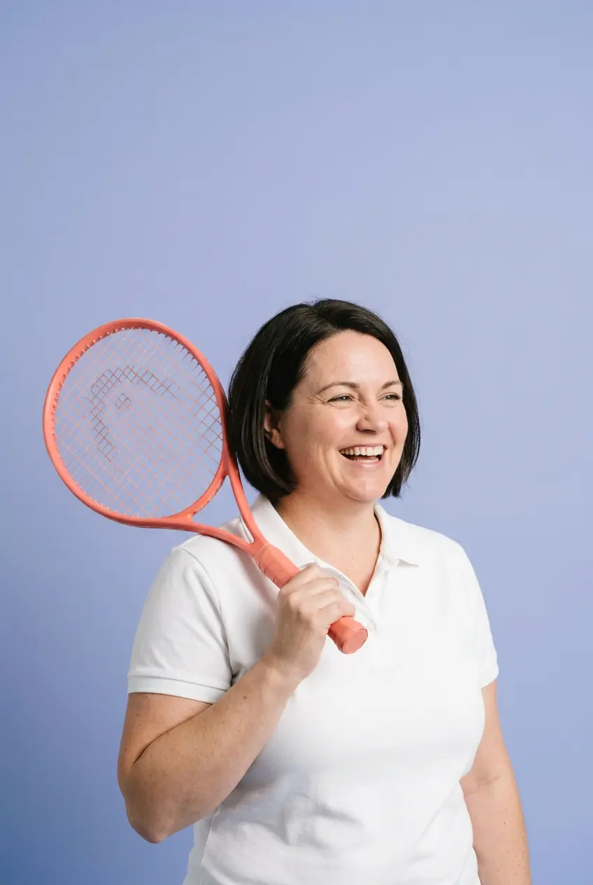 Woman holding a tennis racket against a periwinkle backdrop